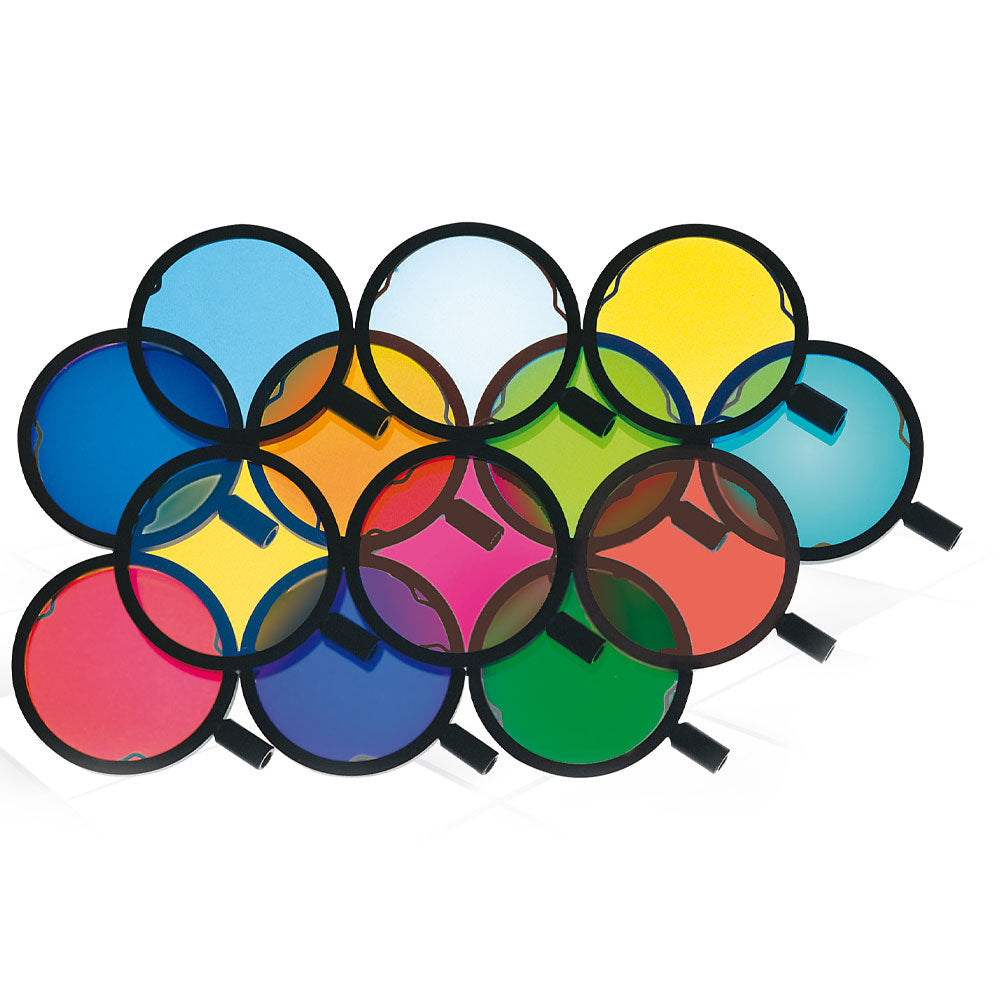 Dedolight Dichroic glass color effect filter (specify color: 
R-red / RM-red magenta / FO-full orange / O-yellow orange / Y-yellow / LG-light green / FG-full green / T-turquoise / 
LB-light blue / MB-medium blue / P-purple)