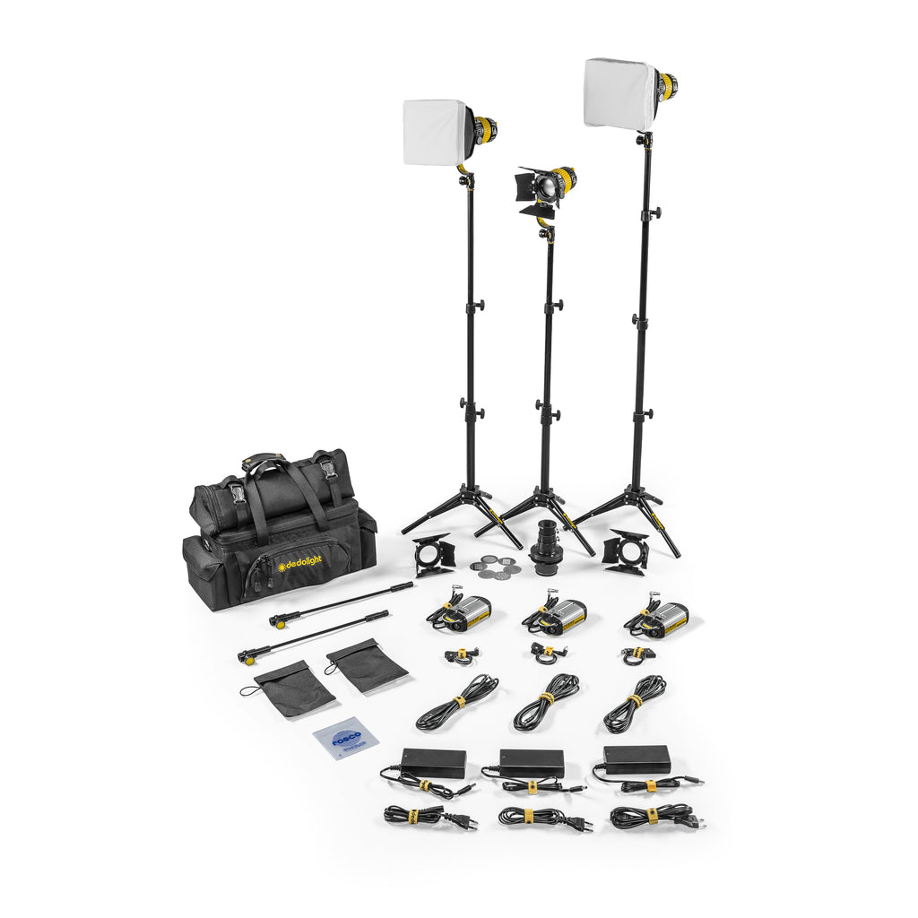 Dedolight Soft case kit including 3x DLED3 focusing bicolor LED light heads, 2x soft boxes, DP1S imager, accessories and micro stands.